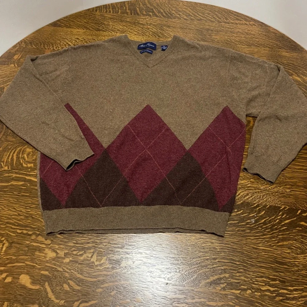Alan Flusser Sweater Mens XL Brown Argyle 100% Pure Cashmere V-Neck Pullover